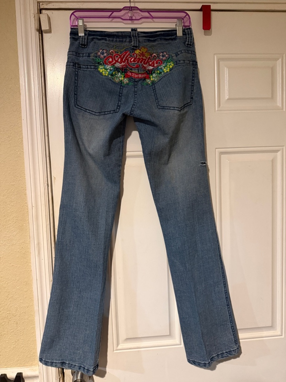 Vintage Rare Akademiks Faded Flare Jeans with Colorful Floral Embroidery